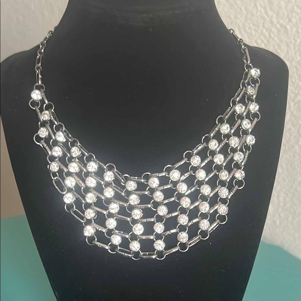 Lani Gunmetal Chain Paperclip Link and Rhinestone Statement Bib Collar Necklace